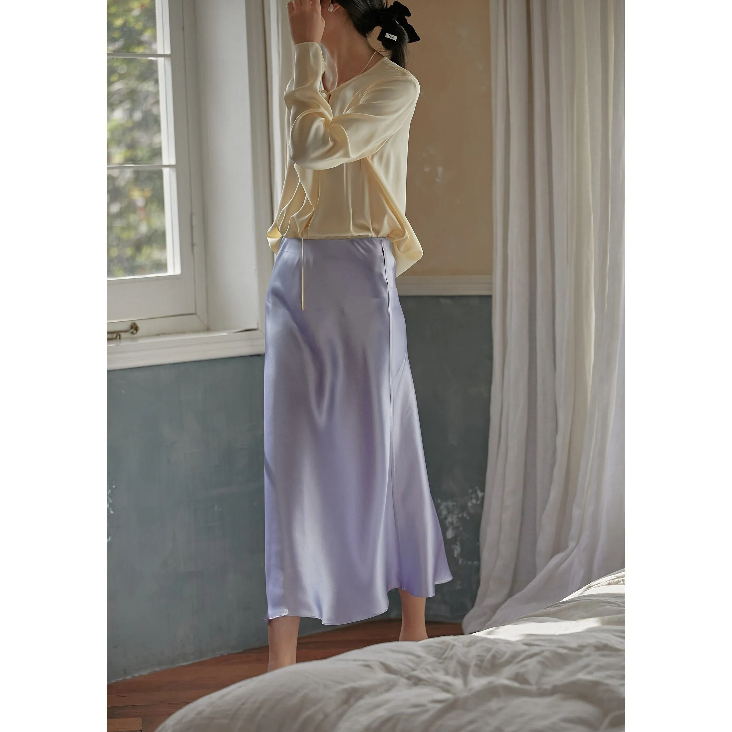 Summer Midi Satin Elegant High Waist A-Line Women's Long Skirts