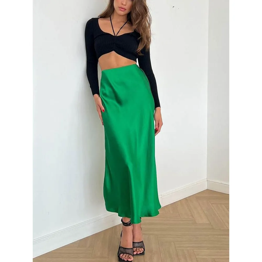 Summer Midi Satin Elegant High Waist A-Line Women's Long Skirts