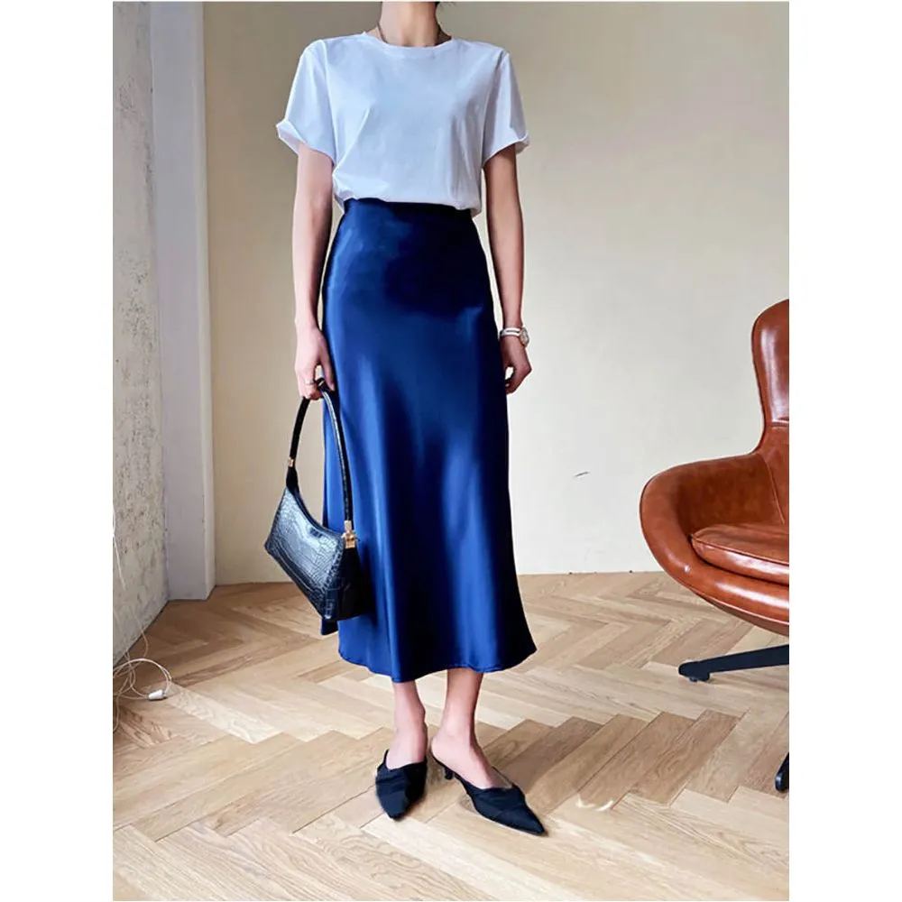 Summer Midi Satin Elegant High Waist A-Line Women's Long Skirts