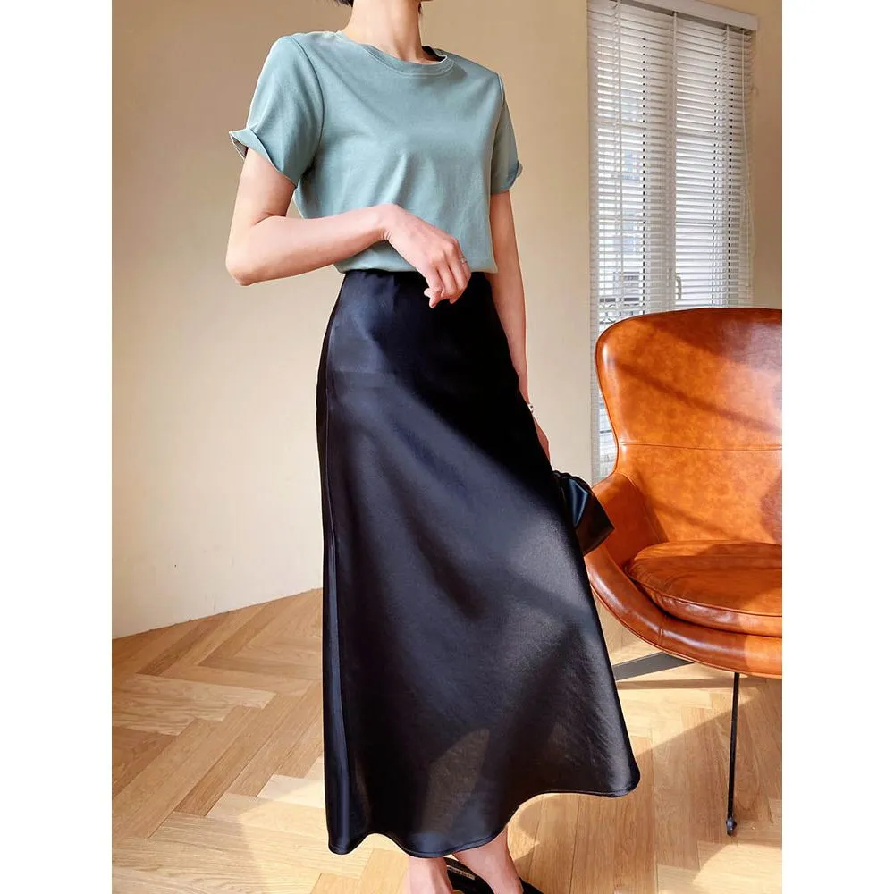 Summer Midi Satin Elegant High Waist A-Line Women's Long Skirts