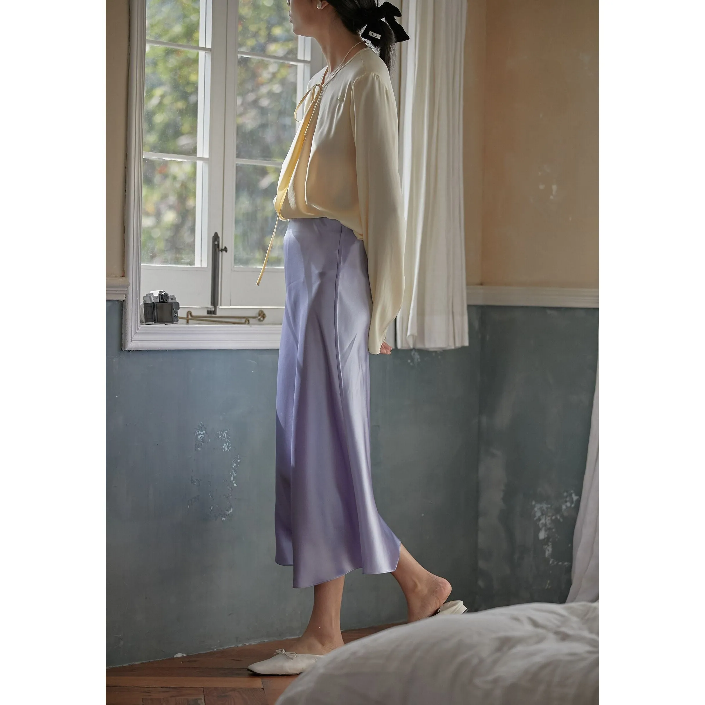 Summer Midi Satin Elegant High Waist A-Line Women's Long Skirts