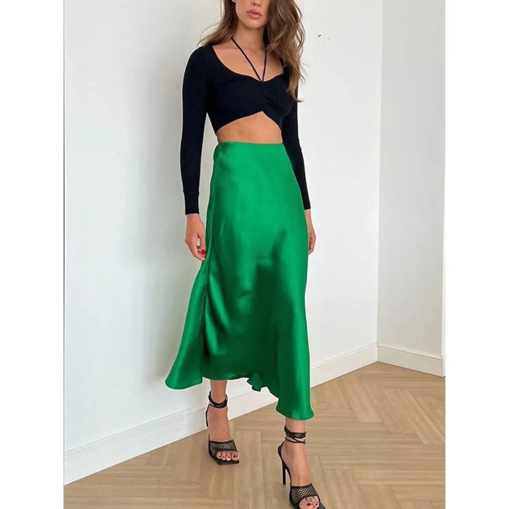 Summer Midi Satin Elegant High Waist A-Line Women's Long Skirts