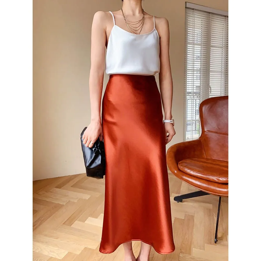 Summer Midi Satin Elegant High Waist A-Line Women's Long Skirts