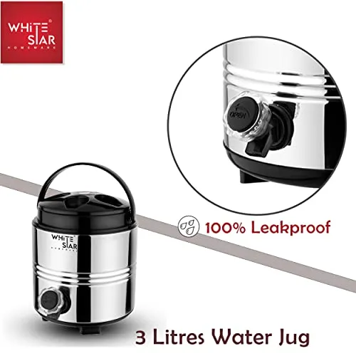 WHITESTAR Stainless Steel Travel Water Jug with Leak Proof Tap I Steel Water Jug 3 Liters, Silver-Black I PUF Insulated Hot and Cold Upto 4-5 Hours I Lighweight Easy to Carry Handle I Durable