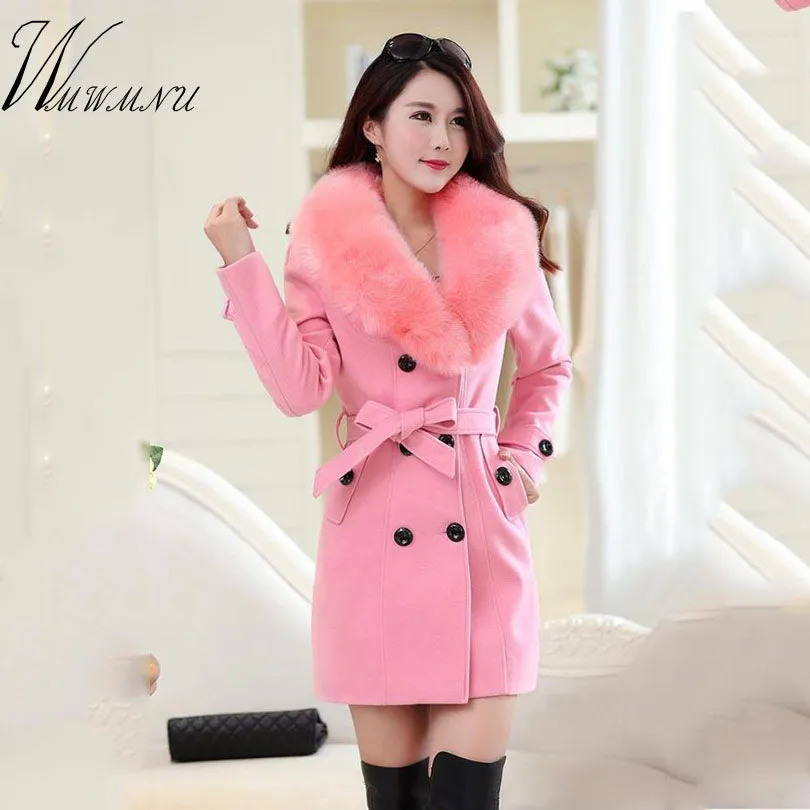 WMWMNU 2018 winter fashion slim long wool coat women Big Fur Collar Double Breasted warm wool jacket Elegant vintage pink coat