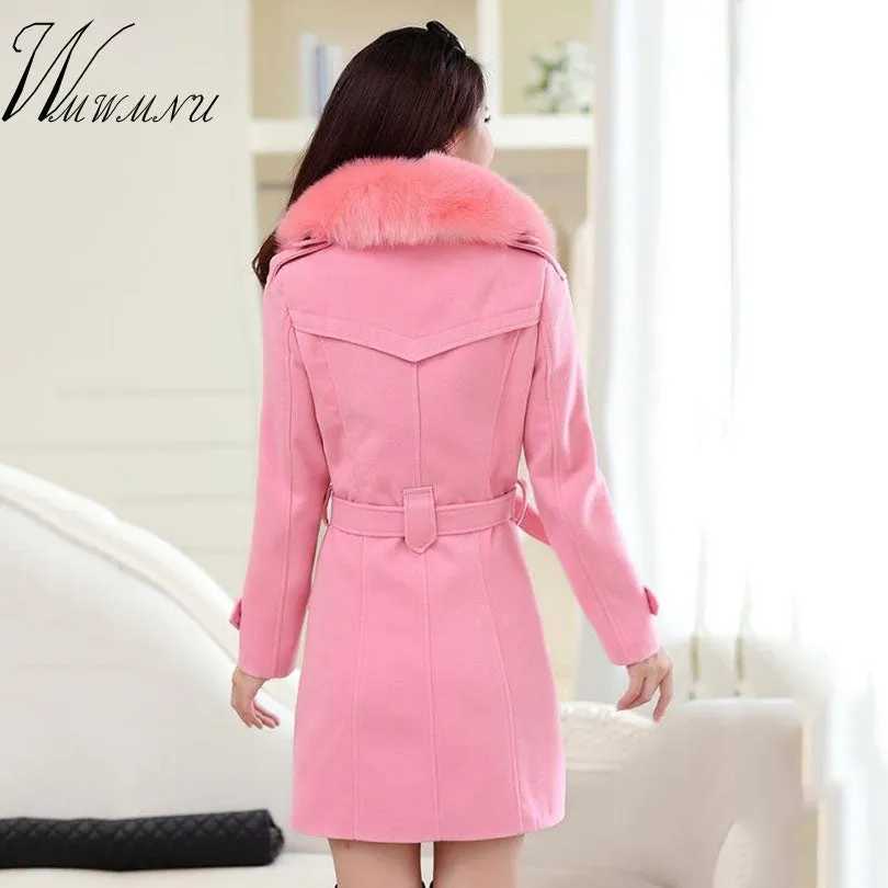 WMWMNU 2018 winter fashion slim long wool coat women Big Fur Collar Double Breasted warm wool jacket Elegant vintage pink coat