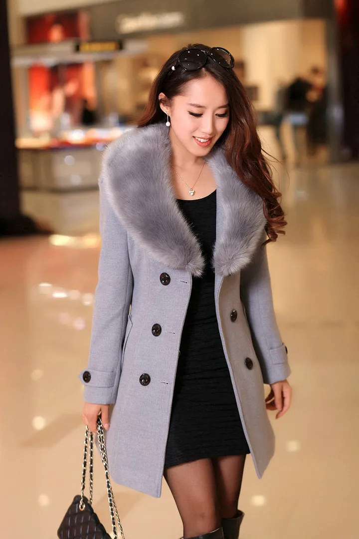 WMWMNU 2018 winter fashion slim long wool coat women Big Fur Collar Double Breasted warm wool jacket Elegant vintage pink coat