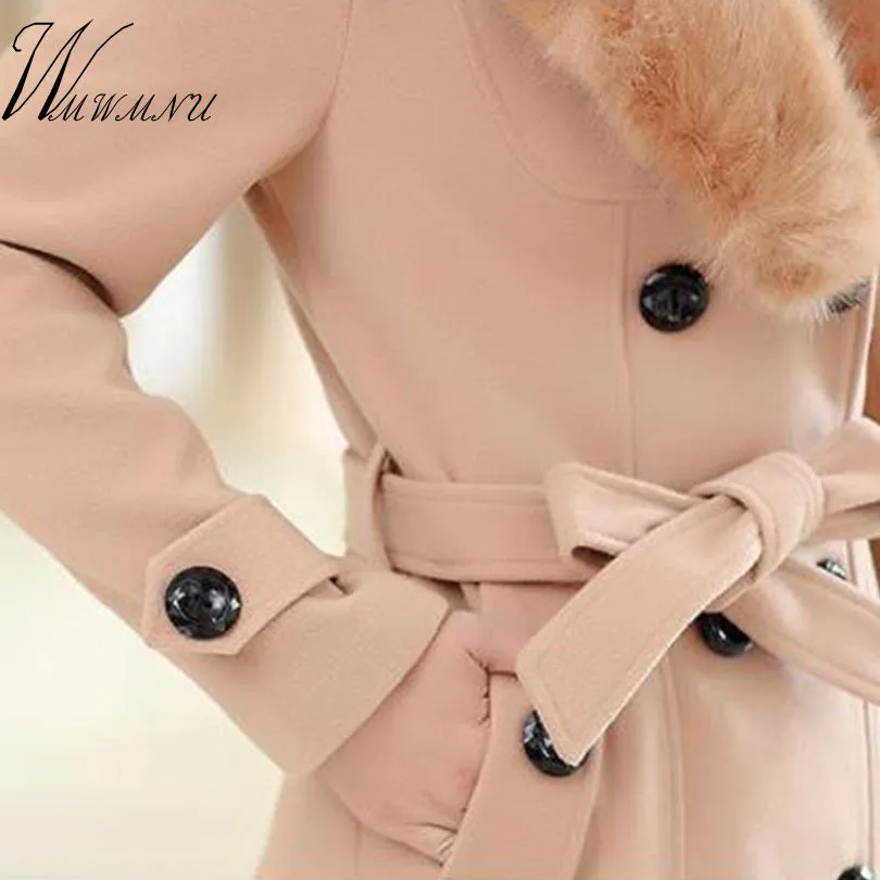 WMWMNU 2018 winter fashion slim long wool coat women Big Fur Collar Double Breasted warm wool jacket Elegant vintage pink coat