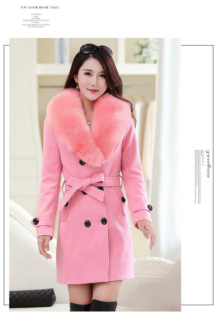 WMWMNU 2018 winter fashion slim long wool coat women Big Fur Collar Double Breasted warm wool jacket Elegant vintage pink coat