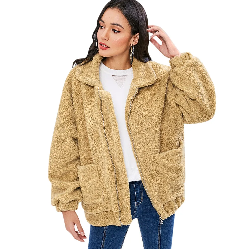 Women Fluffy Loose Coat Fashionable Warm Soft Jacket