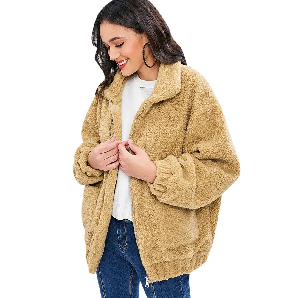 Women Fluffy Loose Coat Fashionable Warm Soft Jacket