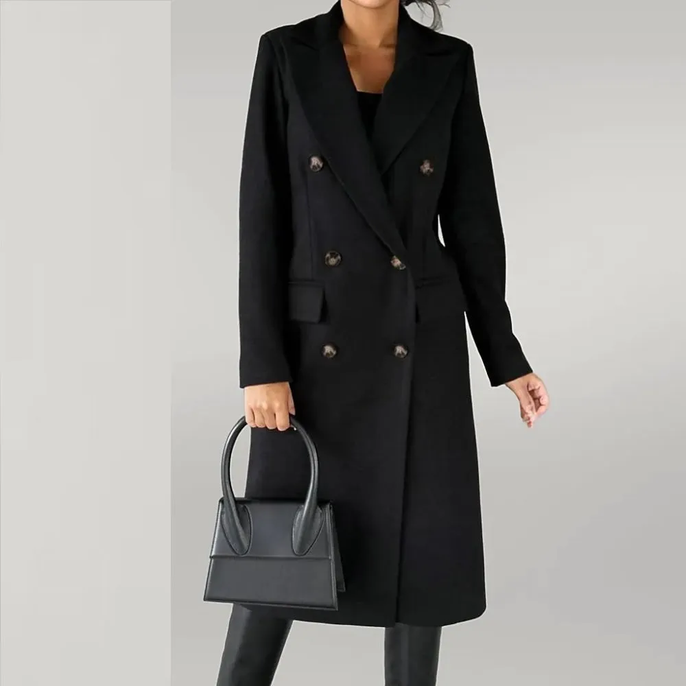 Women's Lapel Long Winter Overcoat with Buttons | Ideal for Autumn/Winter