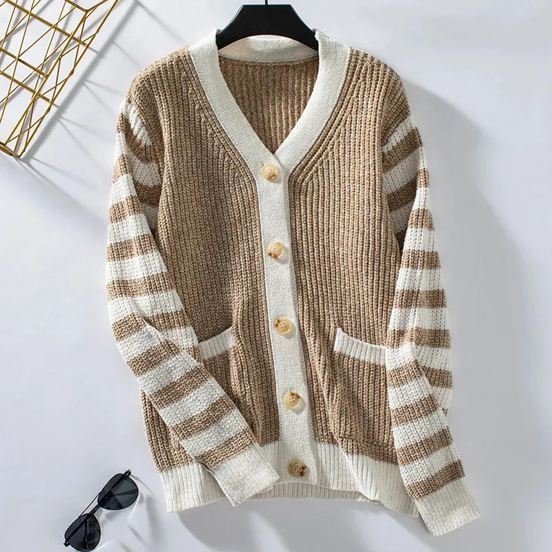 Women's Loose Striped Knit Cardigan with Buttons | Ideal for Autumn/Winter