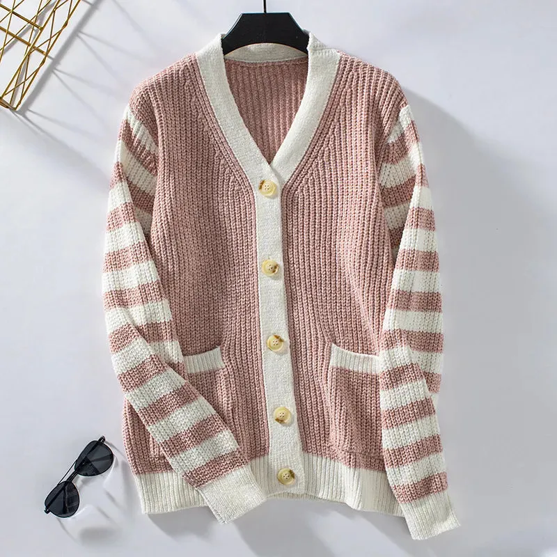 Women's Loose Striped Knit Cardigan with Buttons | Ideal for Autumn/Winter