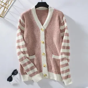 Women's Loose Striped Knit Cardigan with Buttons | Ideal for Autumn/Winter