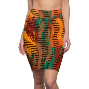 Womens Pencil Skirt - Orange Safari Stretch Mini