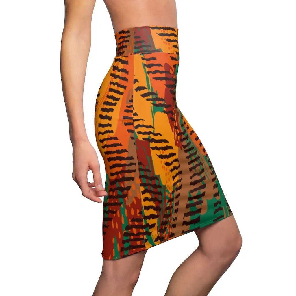 Womens Pencil Skirt - Orange Safari Stretch Mini