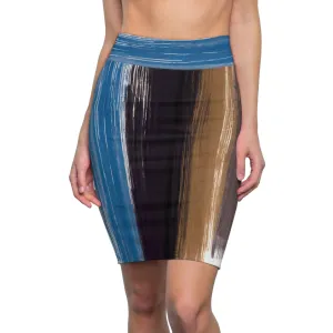 Womens Pencil Skirt - Rustic Brown Blue Black Purple Brush Lines Illustration