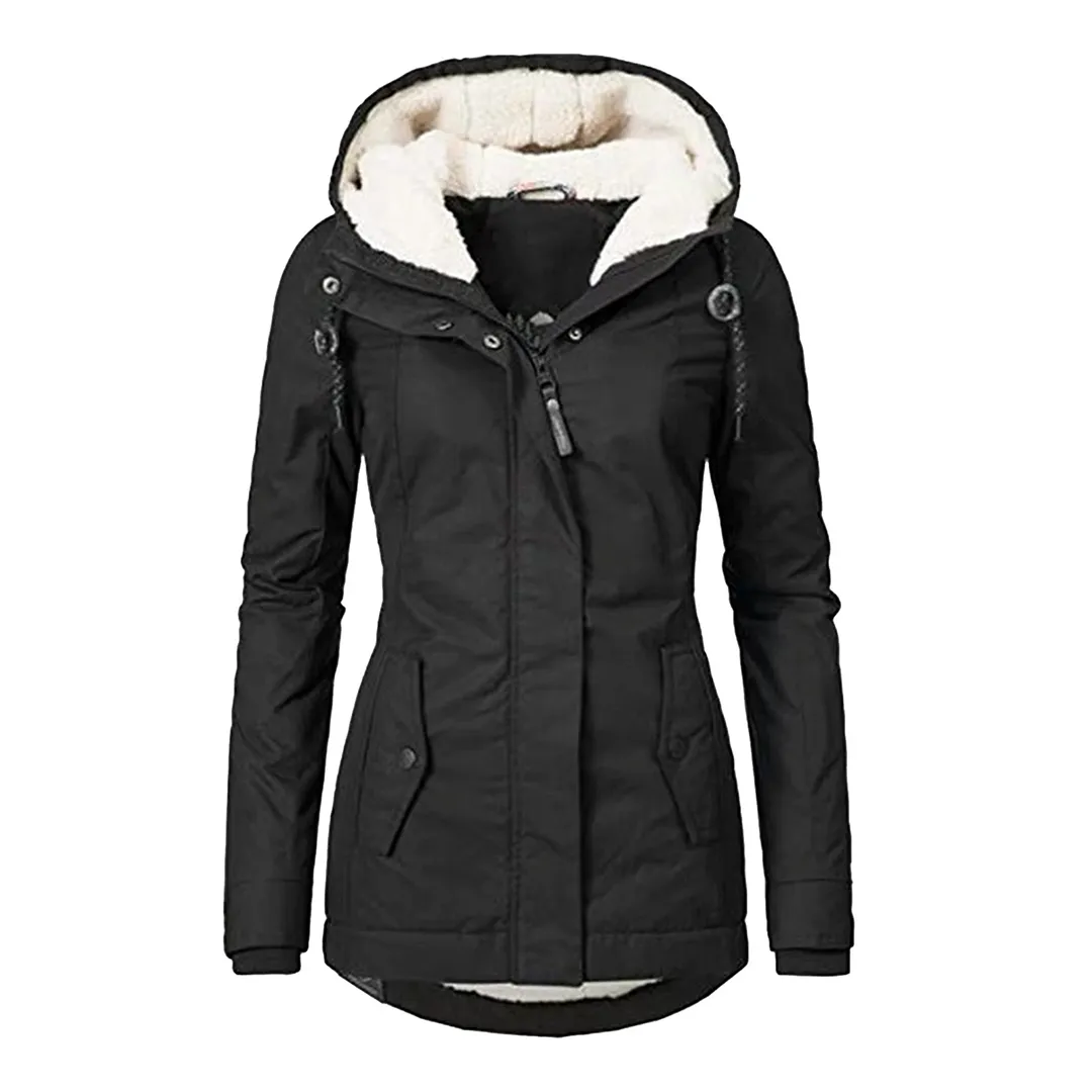 Women's Stylish Fleece Lined Zippered with Pockets Rain Coat with Hood | Ideal for Autumn/Winter